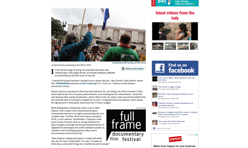 IndyWeek article about Overburden Full Frame premiere IndyWeek article about Overburden Full Frame premiere