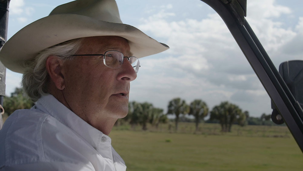 Profile shot of Jim Strickland looking at his ranch